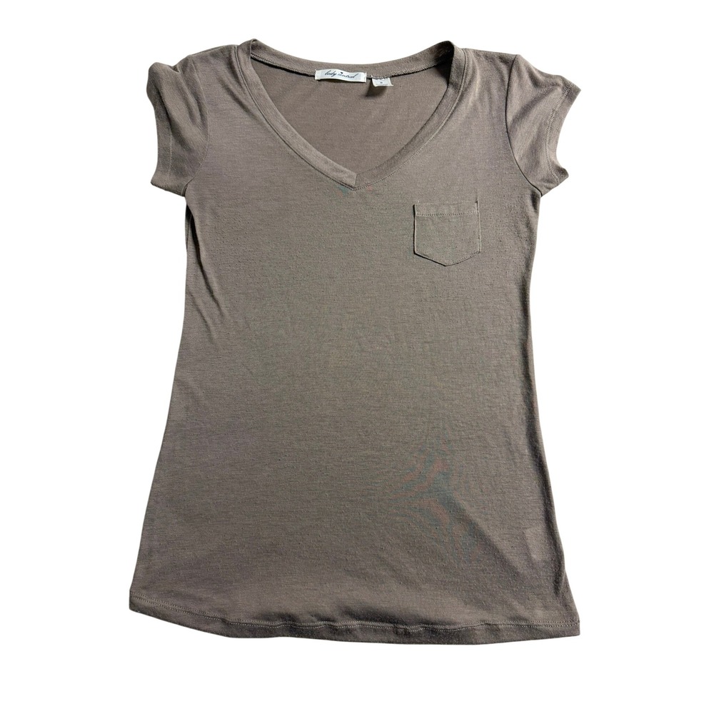 Body Central Womens V-Neck Pocket Tee Short Sleeve Taupe Brown Top Small